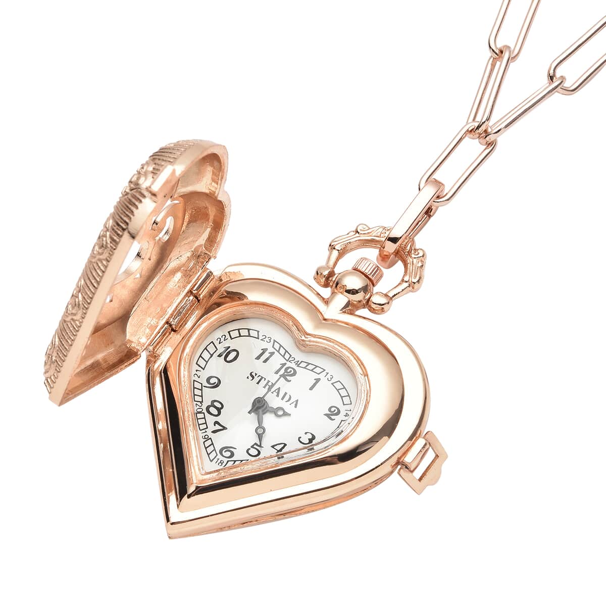 Strada Japanese Movement Heart Shape Pocket Watch in Rose Gold with Paper Clip Chain and Teddy Bear Wallet image number 4