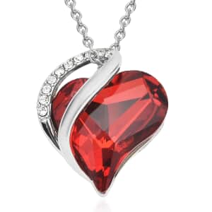 Red and White Austrian Crystal Heart Pendant in Silvertone with Stainless Steel Necklace 18 Inches