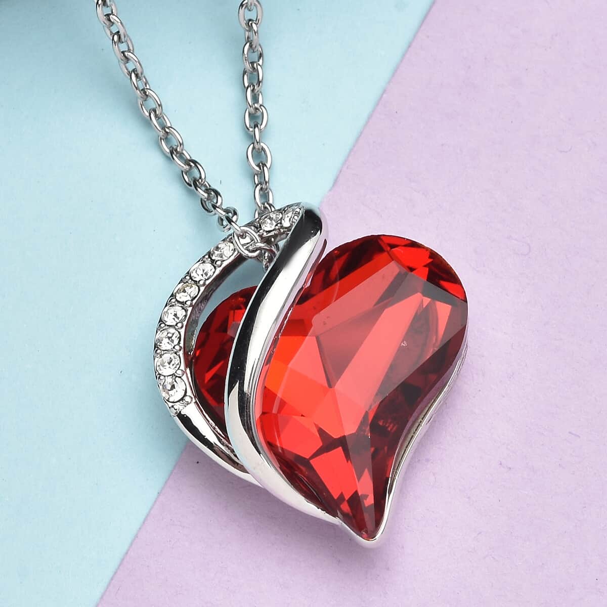 Red and White Austrian Crystal Heart Pendant Necklace (18 Inches) in Silvertone and Stainless Steel image number 1