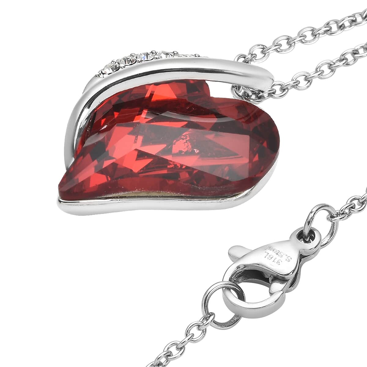 Red and White Austrian Crystal Heart Pendant Necklace (18 Inches) in Silvertone and Stainless Steel image number 3