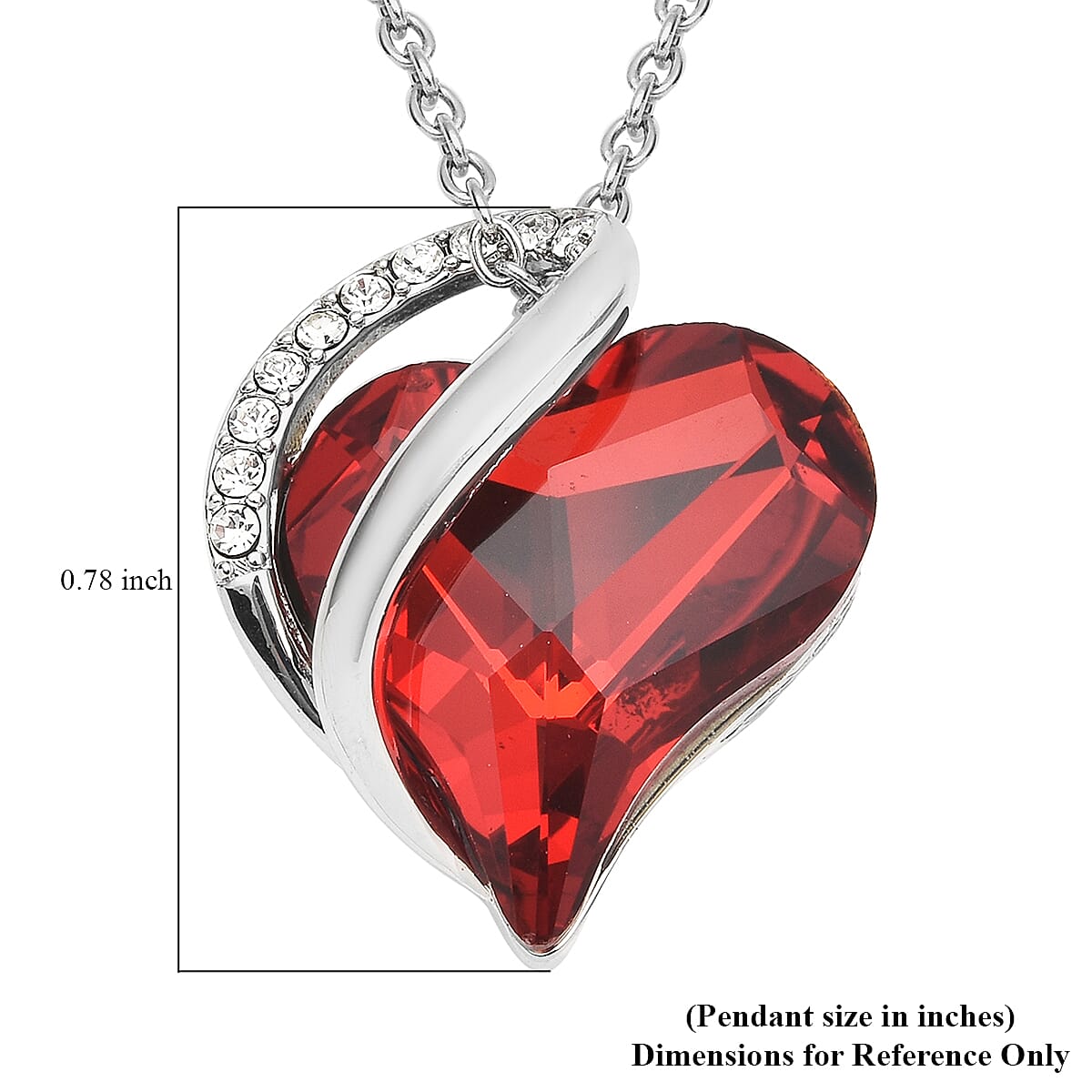 Red and White Austrian Crystal Heart Pendant in Silvertone with Stainless Steel Necklace 18 Inches