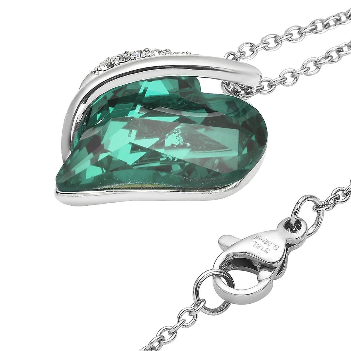 Green and White Austrian Crystal Heart Pendant Necklace 18 Inches in Silvertone and Stainless Steel image number 3