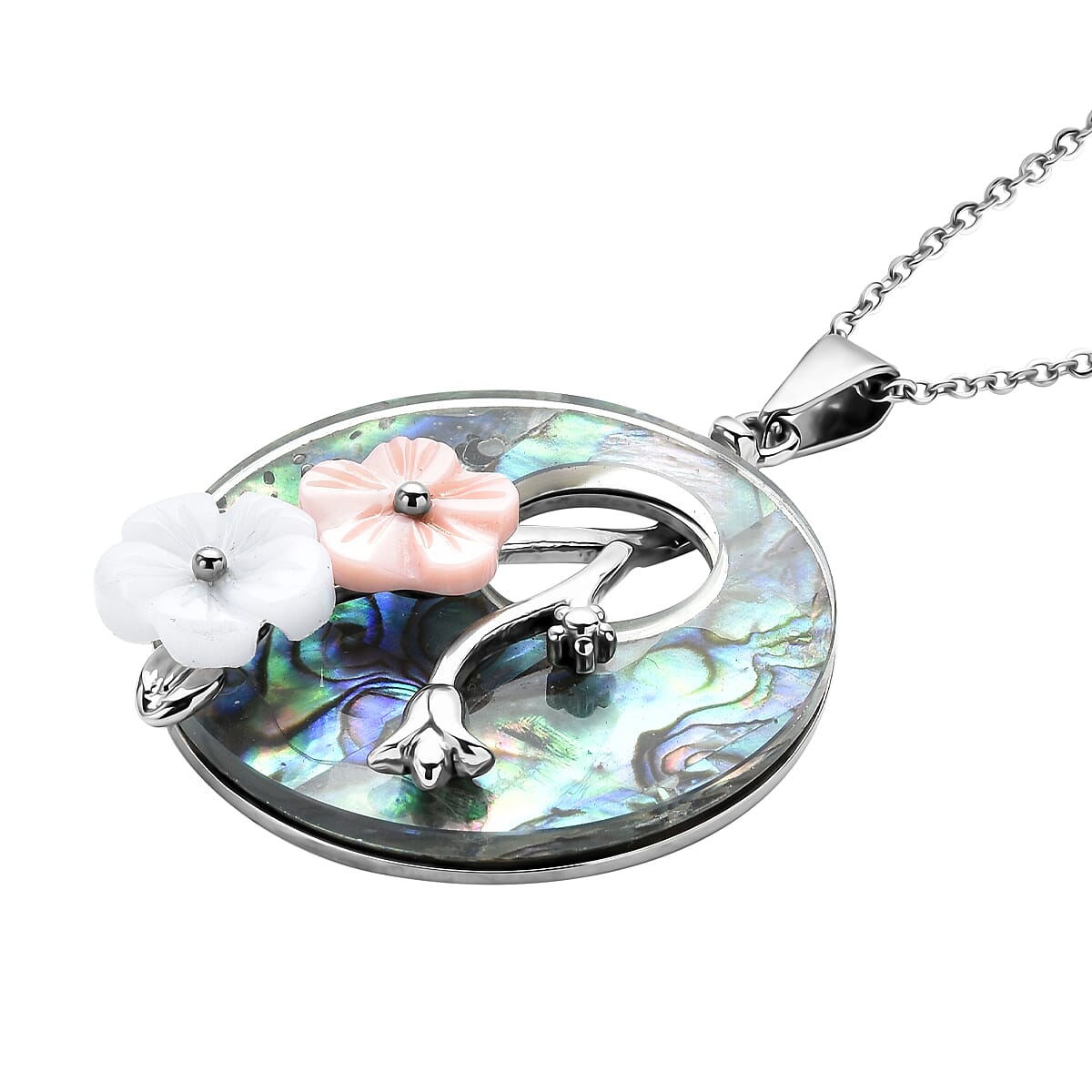 Abalone Shell, Pink Shell Pearl and Resin Flower Pendant Necklace 20 Inches in Stainless Steel image number 3