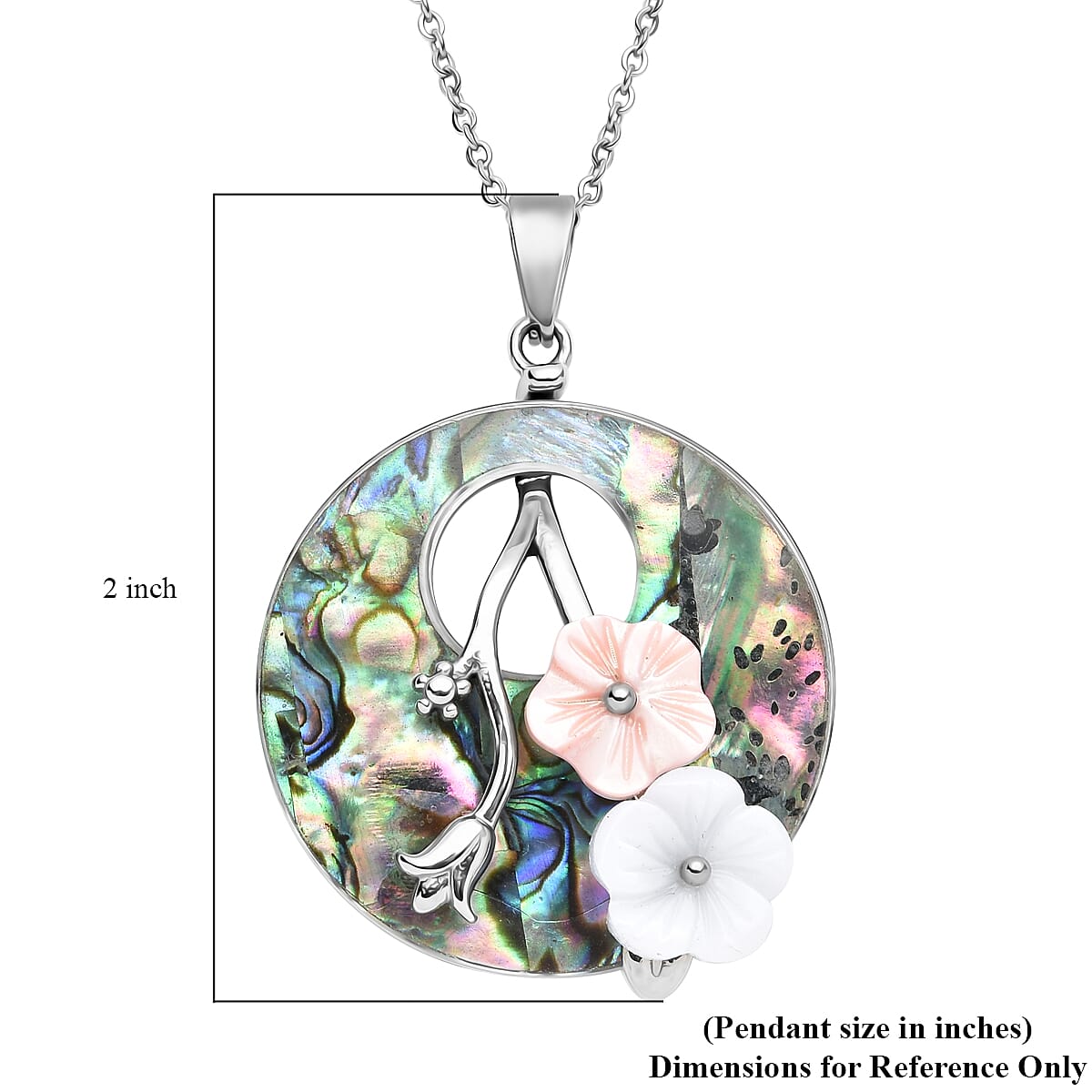 Abalone Shell, Pink Shell Pearl and Resin Flower Pendant Necklace 20 Inches in Stainless Steel image number 4