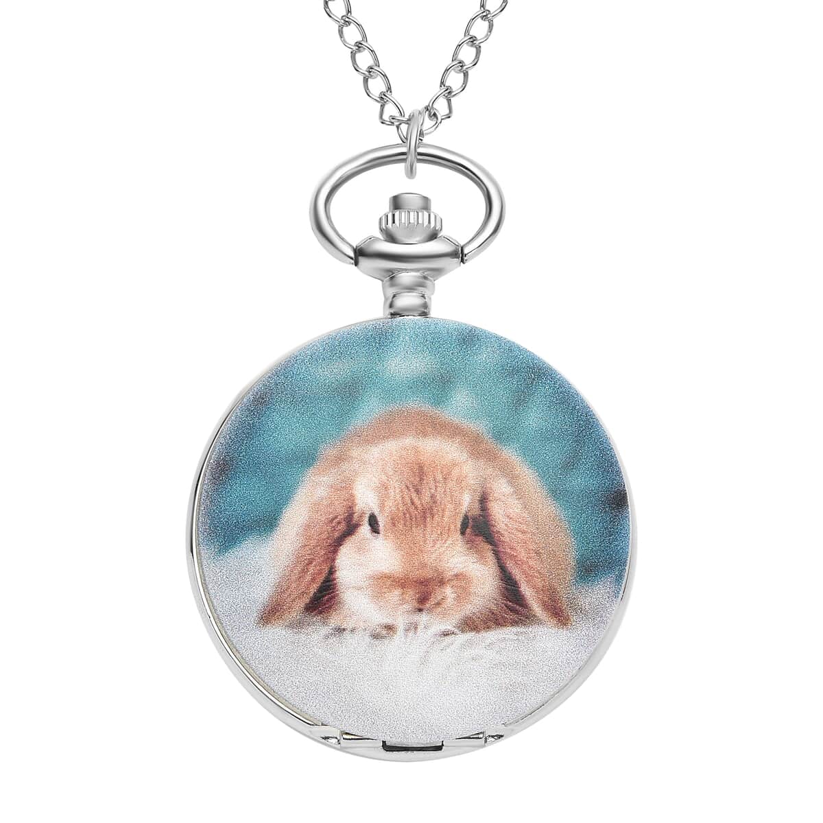 STRADA Japanese Movement 3D Bunny Pattern Pocket Watch with Chain (31") in Silvertone image number 0