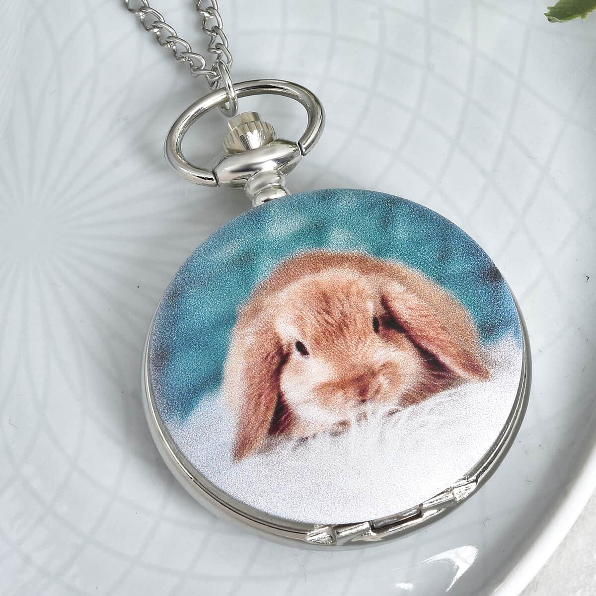 STRADA Japanese Movement 3D Bunny Pattern Pocket Watch with Chain 31 Inches in Silvertone image number 1