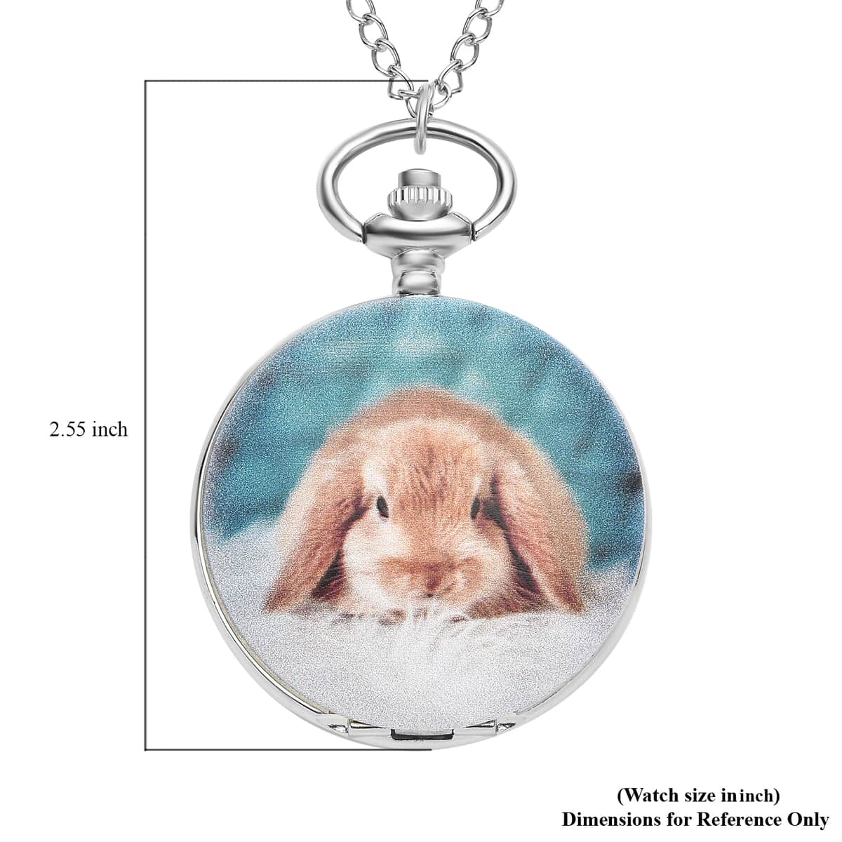 STRADA Japanese Movement 3D Bunny Pattern Pocket Watch with Chain (31") in Silvertone image number 5