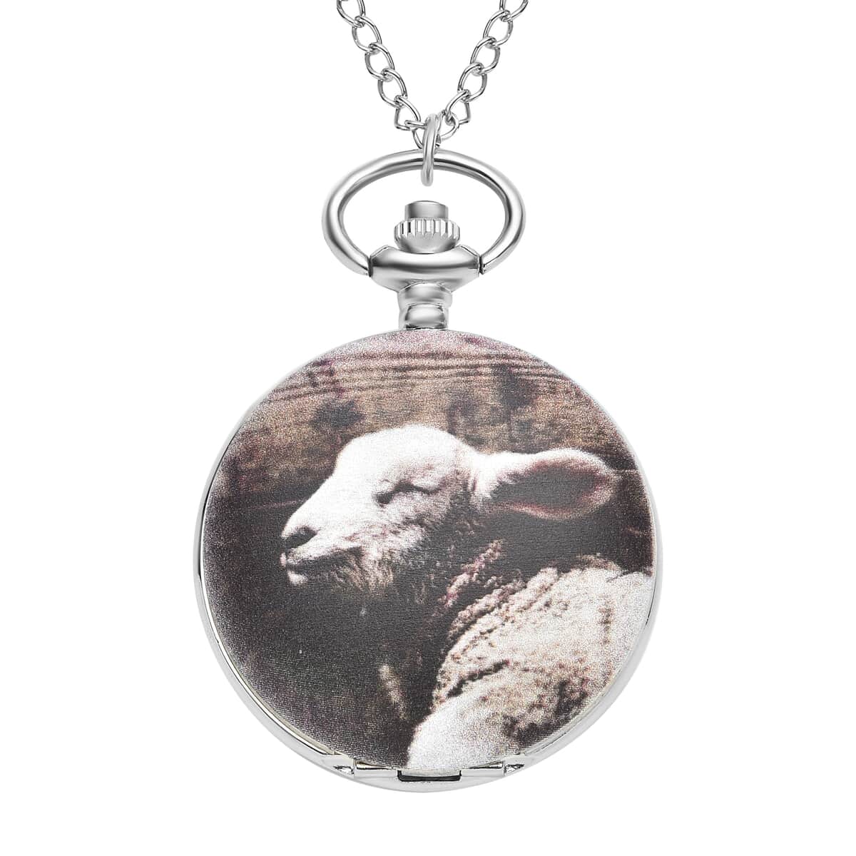 Strada Japanese Movement 3D Sheep Pattern Pocket Watch with Chain 31 Inches in Silvertone image number 0