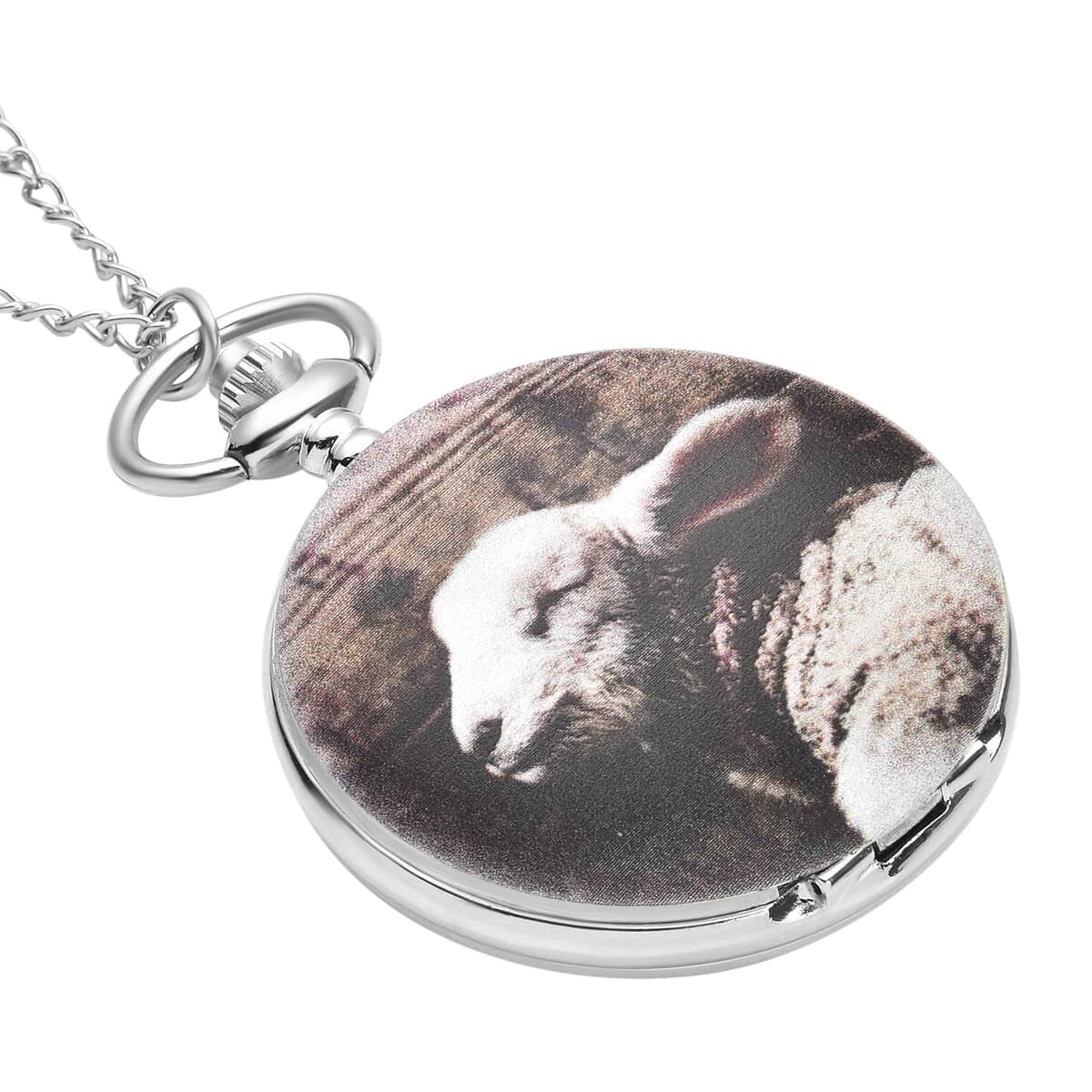 Strada Japanese Movement 3D Sheep Pattern Pocket Watch with Chain 31 Inches in Silvertone image number 2