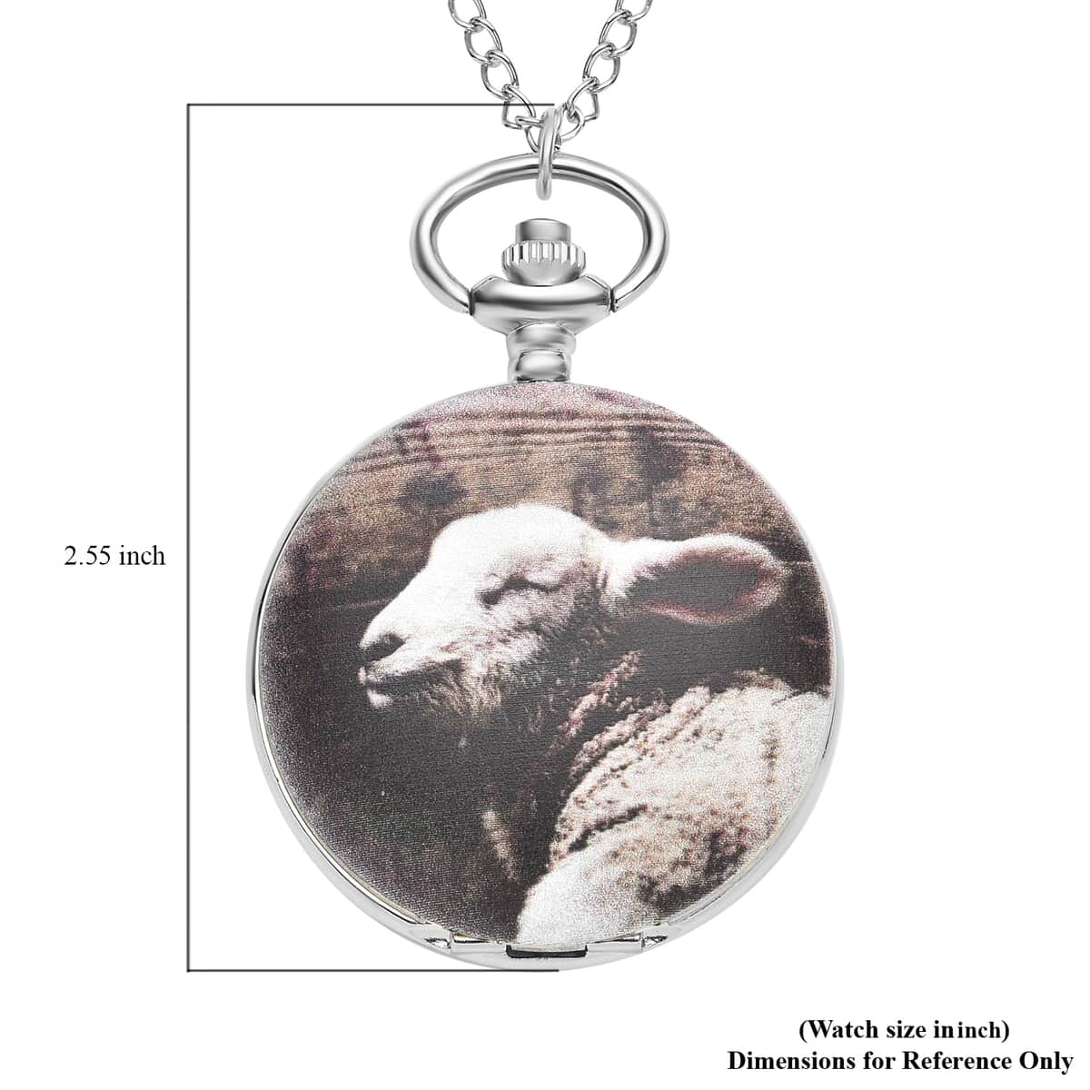Strada Japanese Movement 3D Sheep Pattern Pocket Watch with Chain 31 Inches in Silvertone image number 5