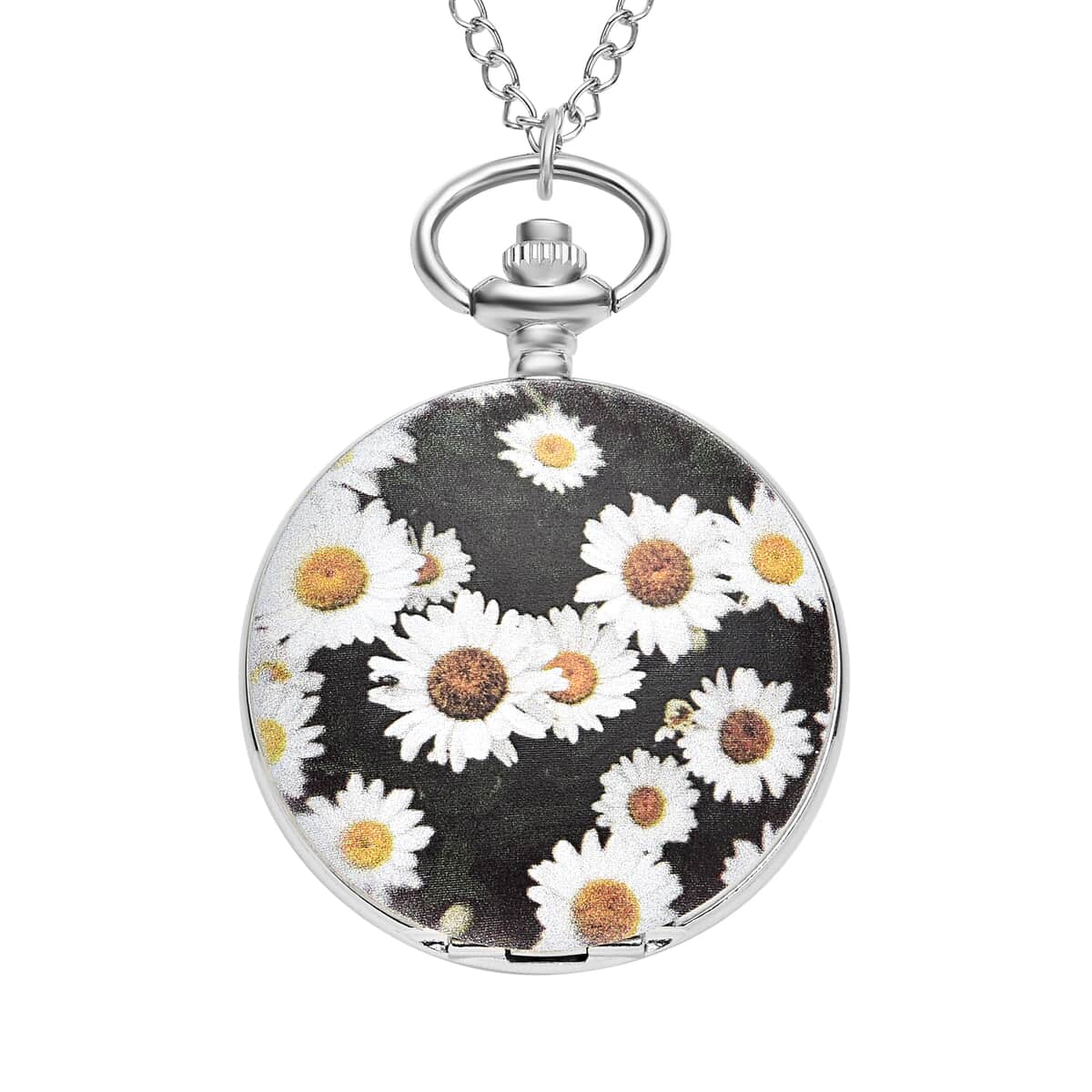 Strada Japanese Movement 3D White Flower Pattern Pocket Watch with Chain 31 Inches in Silvertone image number 0