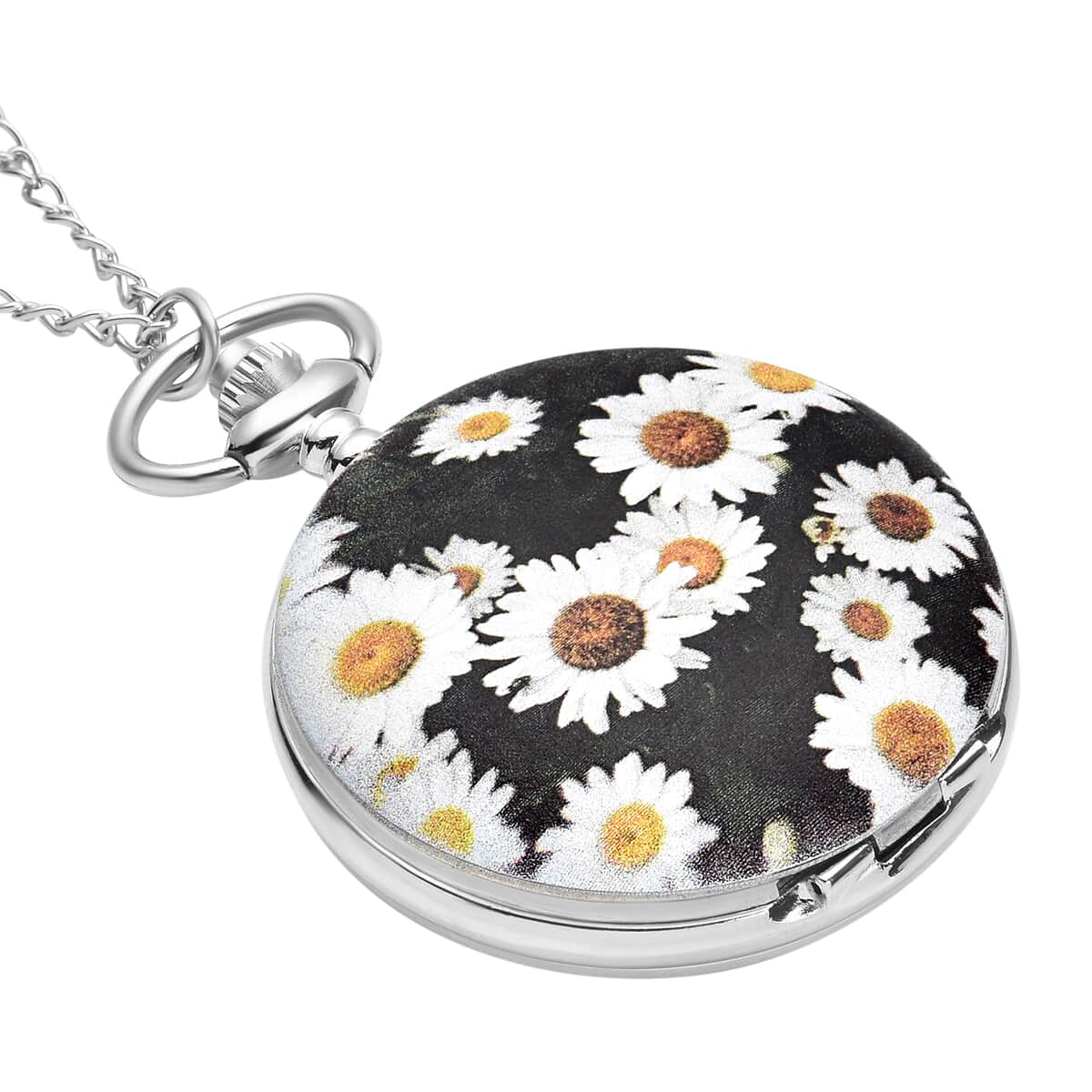 Strada Japanese Movement 3D White Flower Pattern Pocket Watch with Chain 31 Inches in Silvertone image number 2
