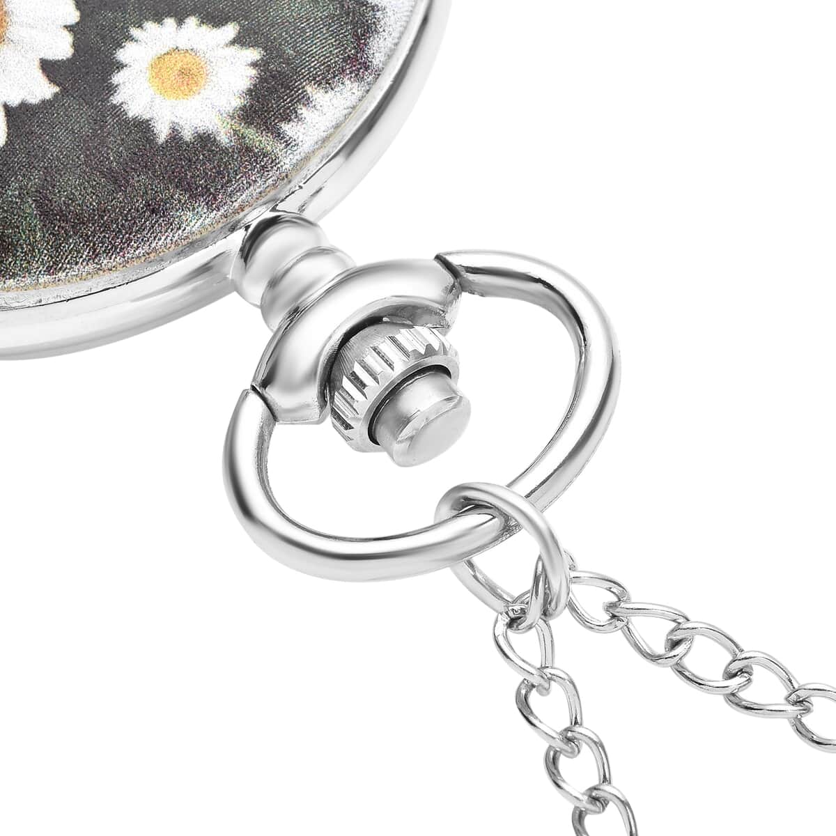 Strada Japanese Movement 3D White Flower Pattern Pocket Watch with Chain 31 Inches in Silvertone image number 3