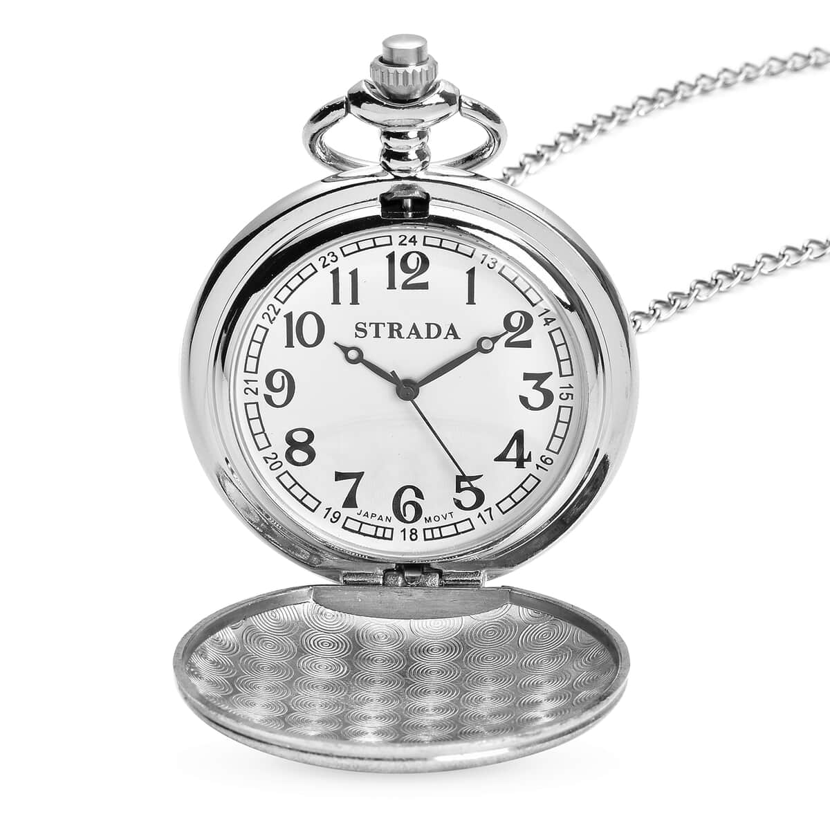 Strada Japanese Movement 3D White Flower Pattern Pocket Watch with Chain 31 Inches in Silvertone image number 4