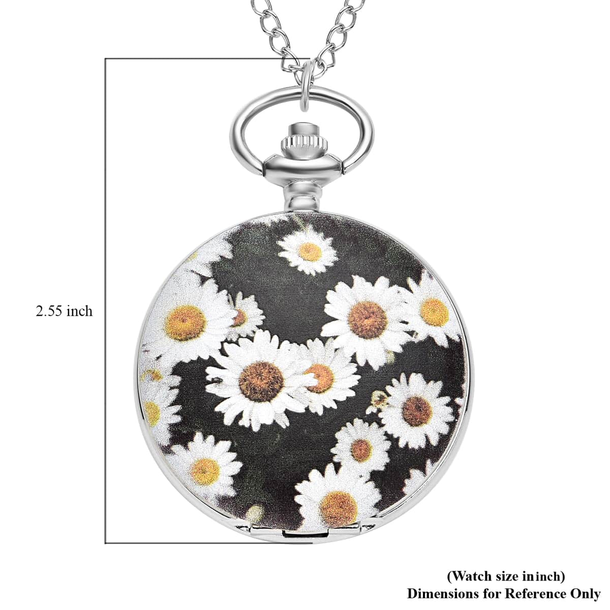 Strada Japanese Movement 3D White Flower Pattern Pocket Watch with Chain 31 Inches in Silvertone image number 5