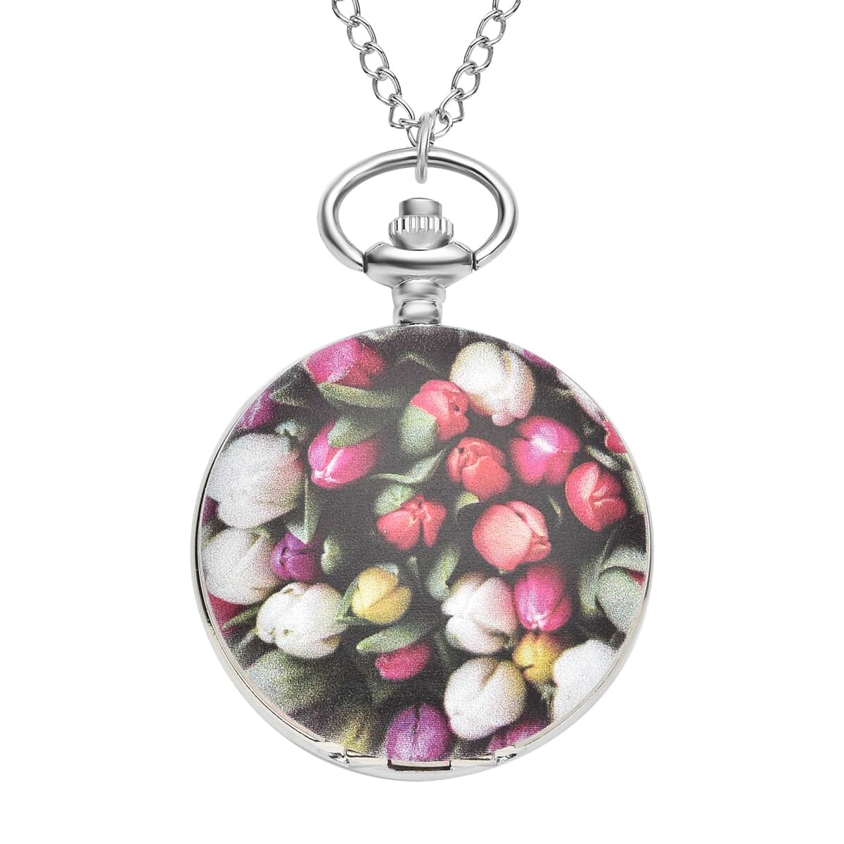 Strada Japanese Movement 3D Multi Color Flower Pattern Pocket Watch with Chain 31 Inches in Silvertone image number 0