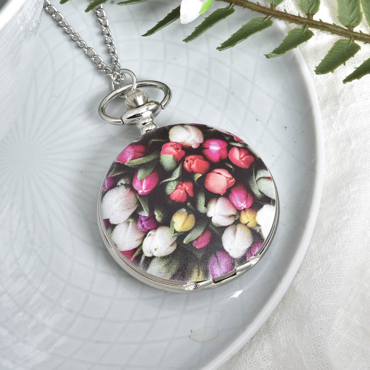 Strada Japanese Movement 3D Multi Color Flower Pattern Pocket Watch with Chain 31 Inches in Silvertone image number 1