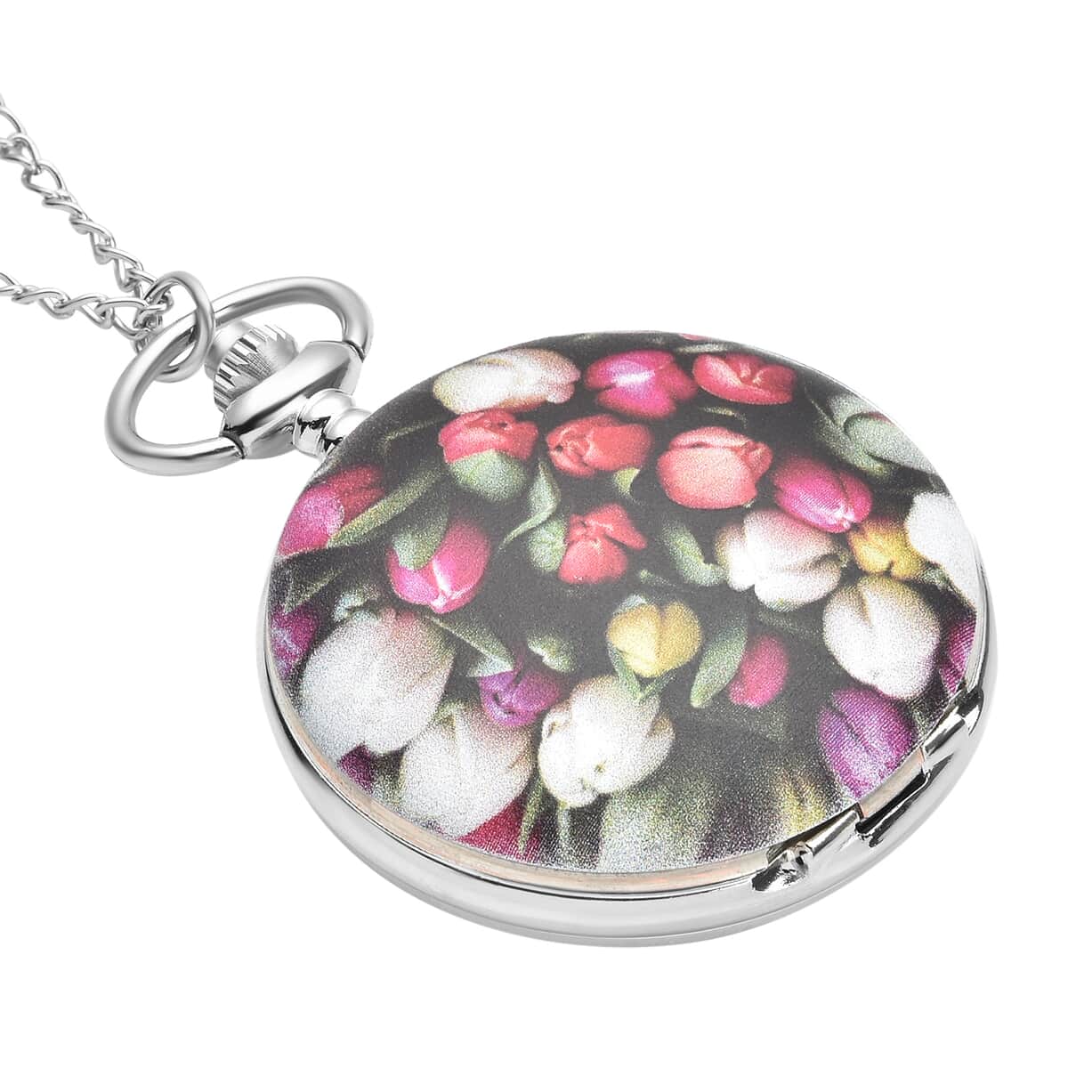 Strada Japanese Movement 3D Multi Color Flower Pattern Pocket Watch with Chain 31 Inches in Silvertone image number 2