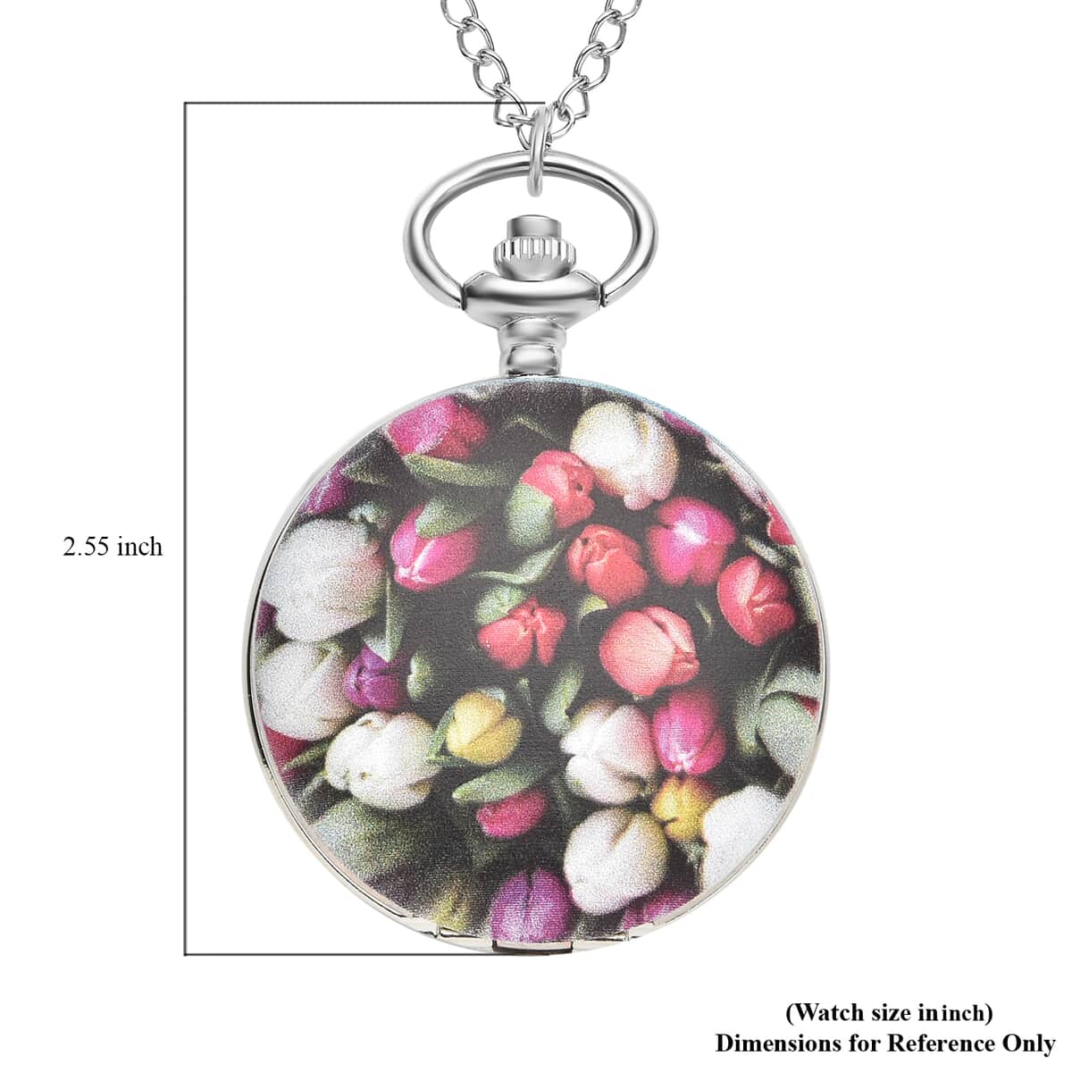 Strada Japanese Movement 3D Multi Color Flower Pattern Pocket Watch with Chain 31 Inches in Silvertone image number 4