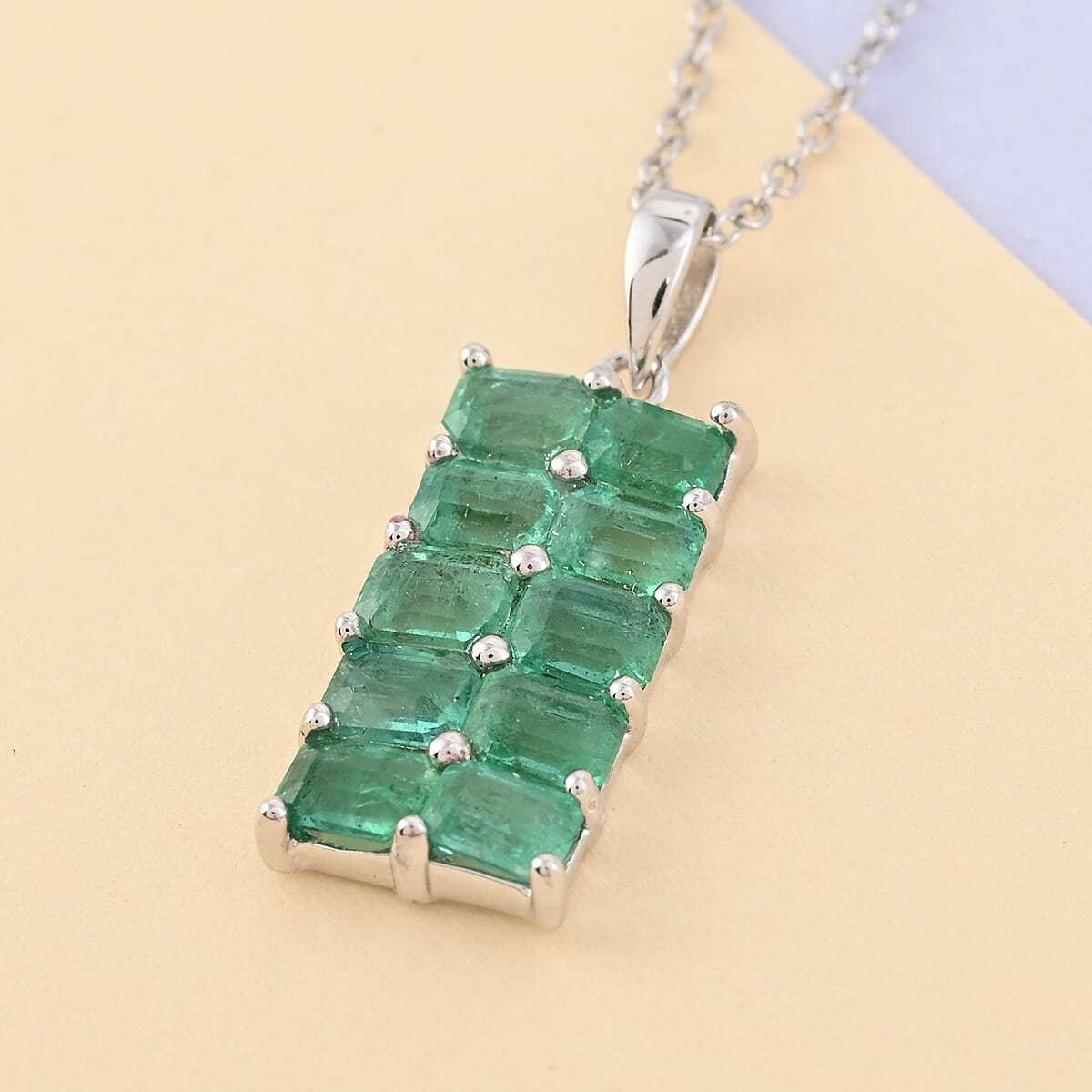 AAA Kagem Emerald and Natural White Zircon Pendant Necklace 18 Inches in Rhodium Over Sterling Silver 2.00 ctw image number 1