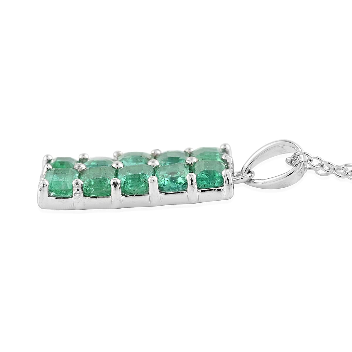 AAA Kagem Emerald and Natural White Zircon Pendant Necklace 18 Inches in Rhodium Over Sterling Silver 2.00 ctw image number 3