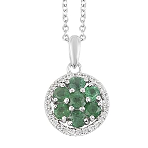 AAA Kagem Emerald Flower Pendant Necklace 18 Inches in Rhodium Over Sterling Silver 0.80 ctw