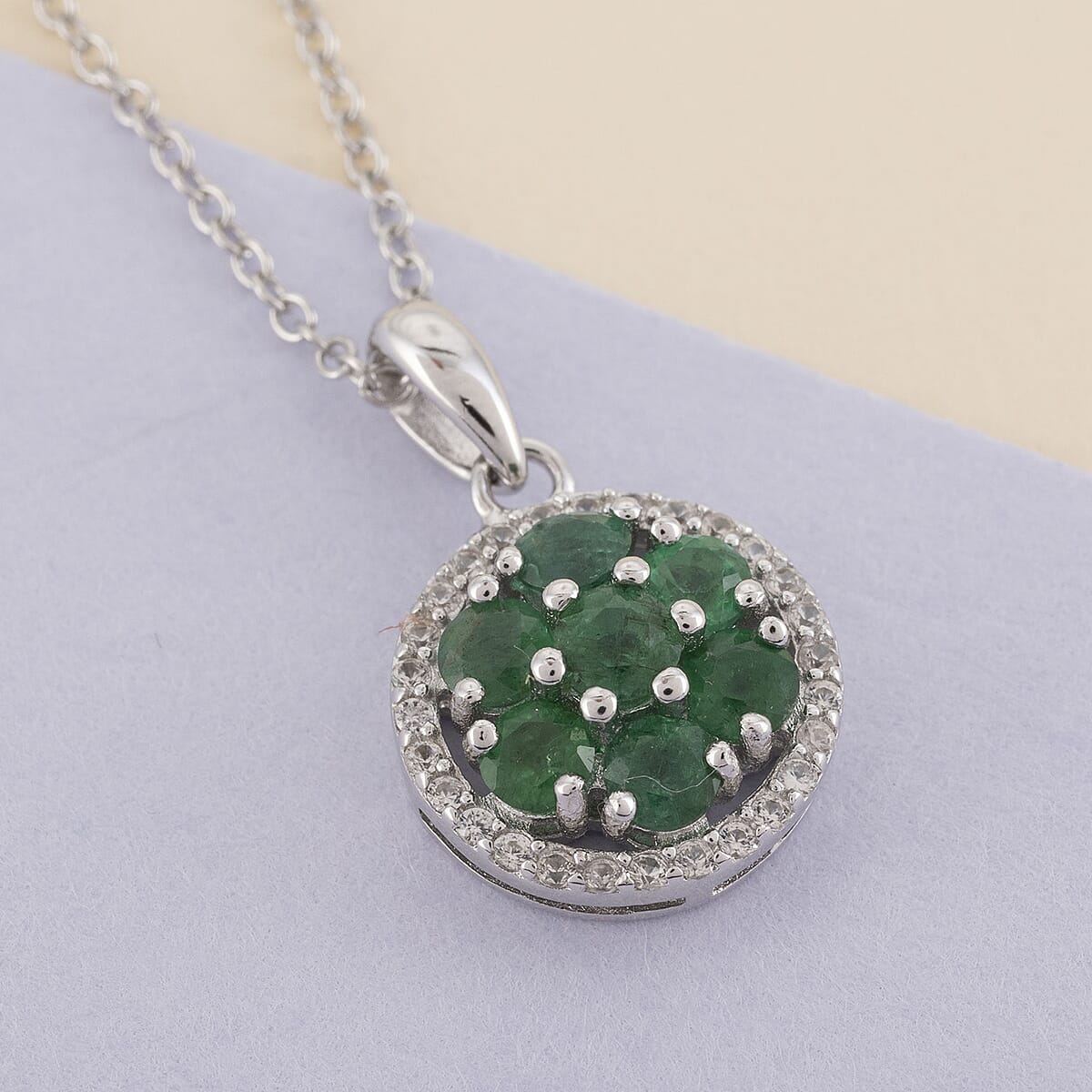 AAA Kagem Emerald Flower Pendant Necklace 18 Inches in Rhodium Over Sterling Silver 0.80 ctw image number 1