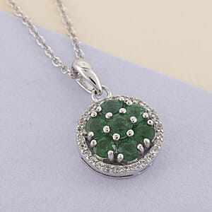 AAA Kagem Emerald Flower Pendant Necklace 18 Inches in Rhodium Over Sterling Silver 0.80 ctw