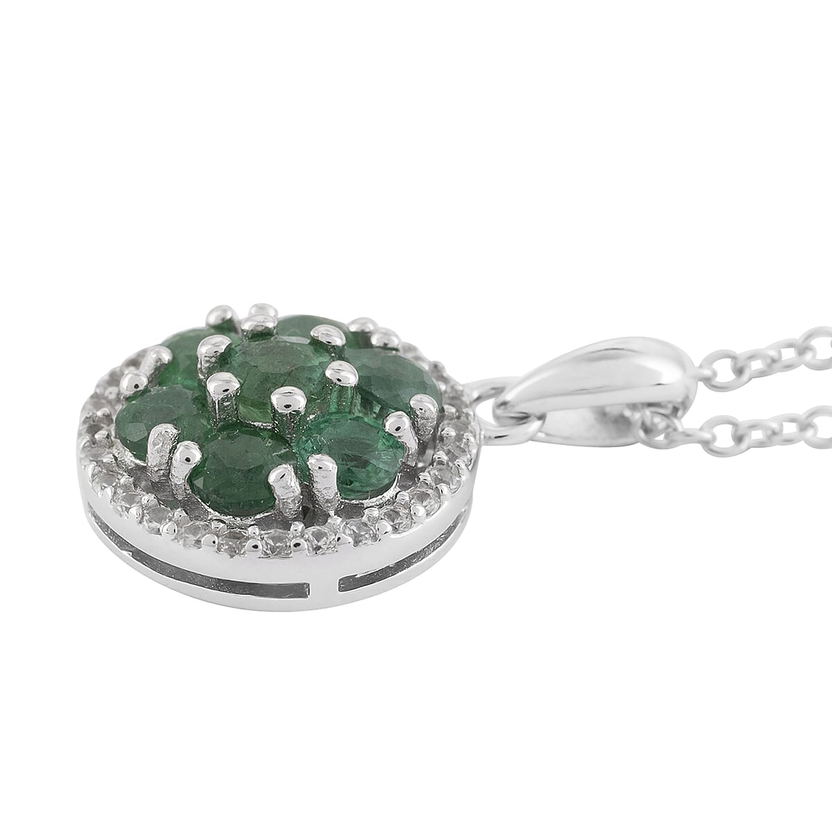 AAA Kagem Emerald Flower Pendant Necklace 18 Inches in Rhodium Over Sterling Silver 0.80 ctw image number 3