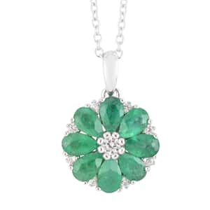 AAA Kagem Emerald Flower Pendant Necklace 18 Inches in Rhodium Over Sterling Silver 1.85 ctw