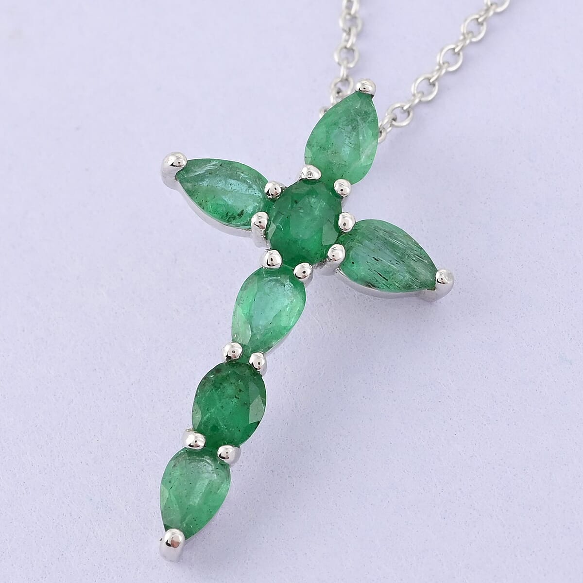 AAA Kagem Emerald Cross Pendant Necklace 18 Inches in Rhodium Over Sterling Silver 1.25 ctw image number 1