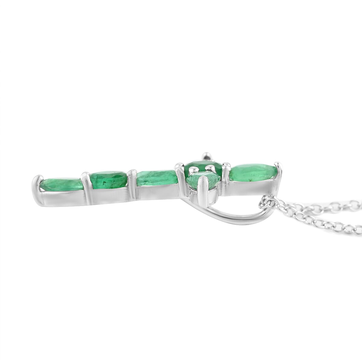 AAA Kagem Emerald Cross Pendant Necklace 18 Inches in Rhodium Over Sterling Silver 1.25 ctw image number 3
