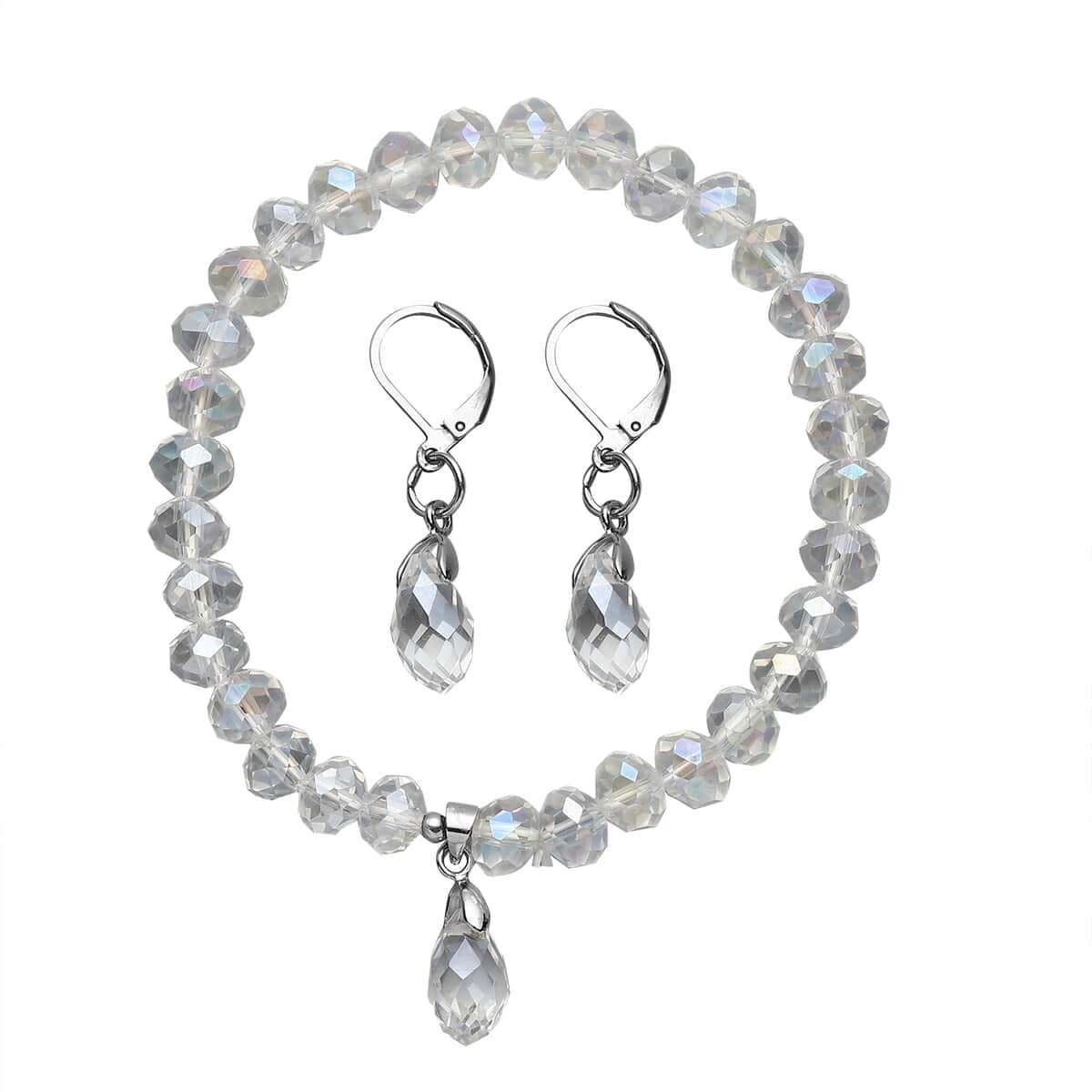 Simulated Mystic Quartz Beaded Bracelet (7-7.5In) and Drop Earrings in Silvertone image number 0