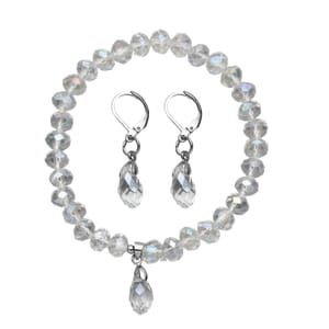 Simulated White Mystic Color Topaz Beaded Bracelet (7-7.5In) and Drop Earrings in Silvertone & Stainless Steel
