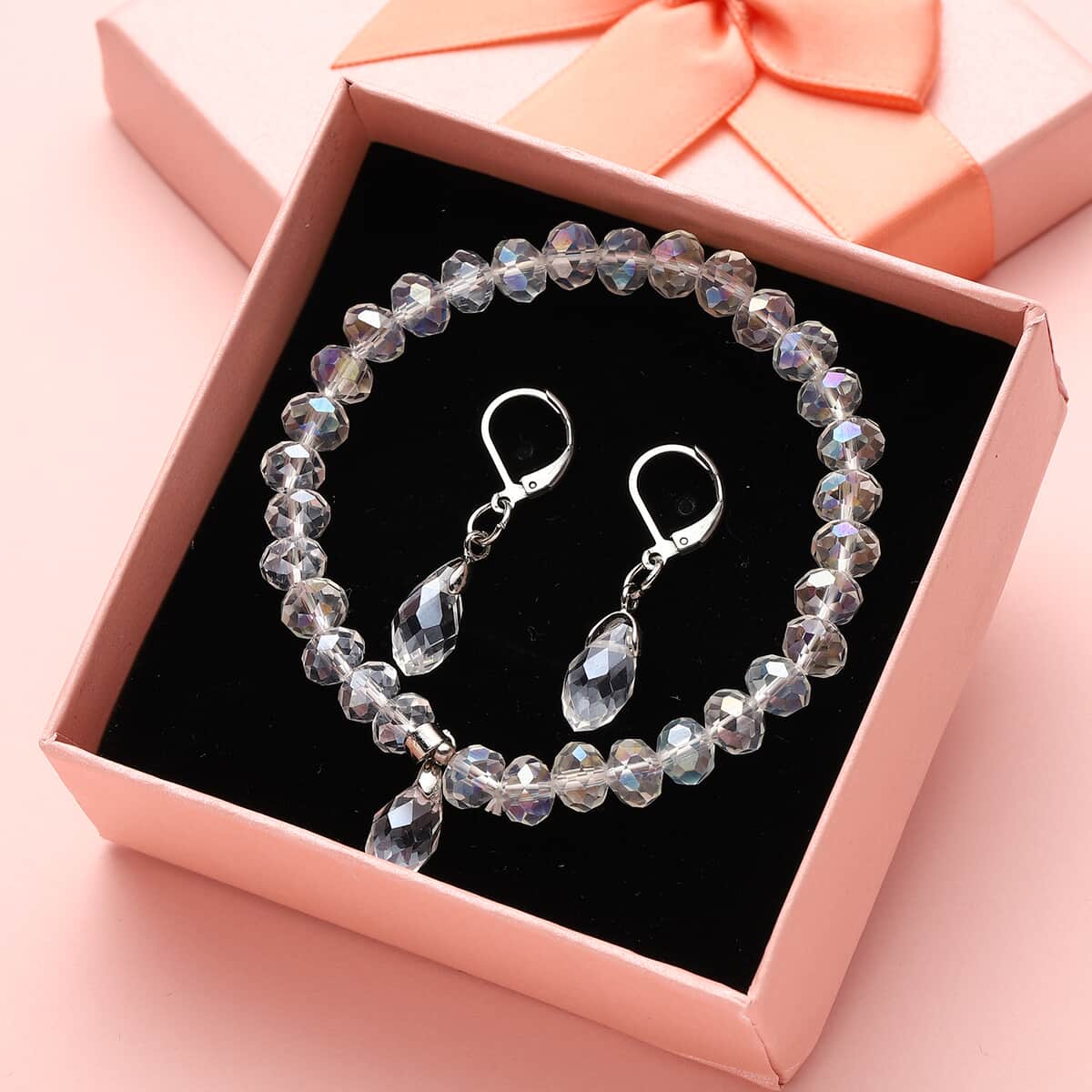 Simulated Mystic Quartz Beaded Bracelet (7-7.5In) and Drop Earrings in Silvertone image number 1