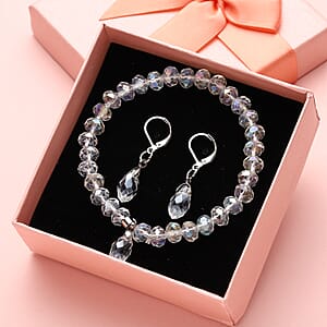 Simulated White Mystic Color Topaz Beaded Bracelet (7-7.5In) and Drop Earrings in Silvertone & Stainless Steel