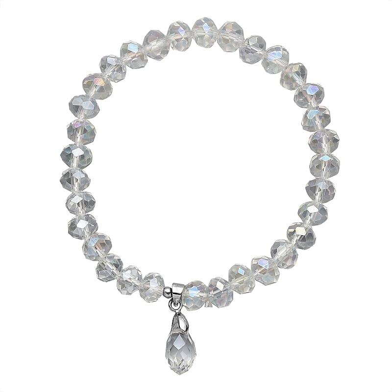 Simulated White Mystic Color Topaz Beaded Bracelet (7-7.5In) and Drop Earrings in Silvertone & Stainless Steel
