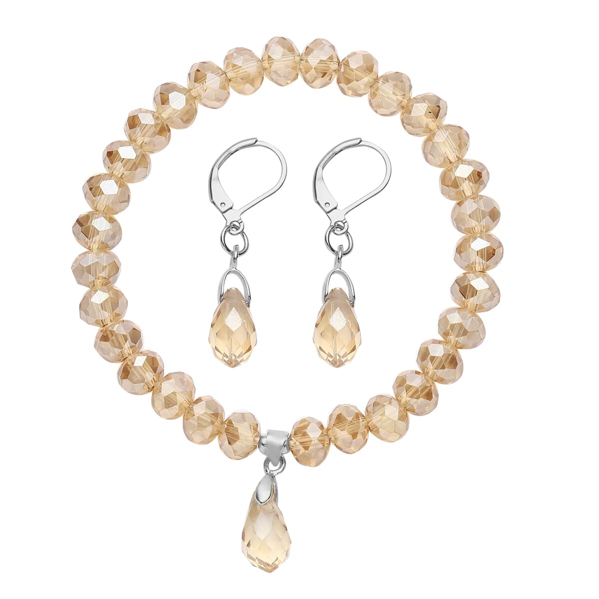 Simulated Champagne Quartz Beaded Bracelet (7-7.5In) and Drop Earrings in Silvertone & Stainless Steel image number 0