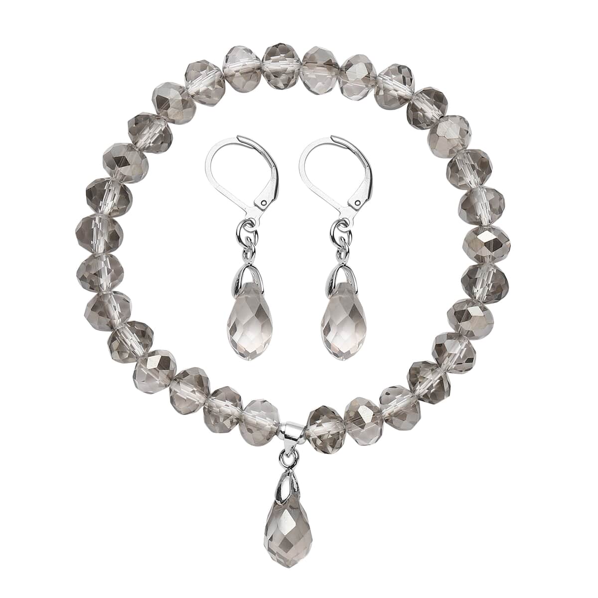 Simulated Gray Magic Color Topaz Beaded Bracelet (7-7.5In) and Drop Earrings in Silvertone & Stainless Steel image number 0