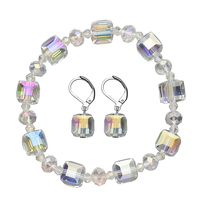 Simulated Mystic Quartz Beaded Bracelet (7-7.5In) and Drop Earrings in Silvertone