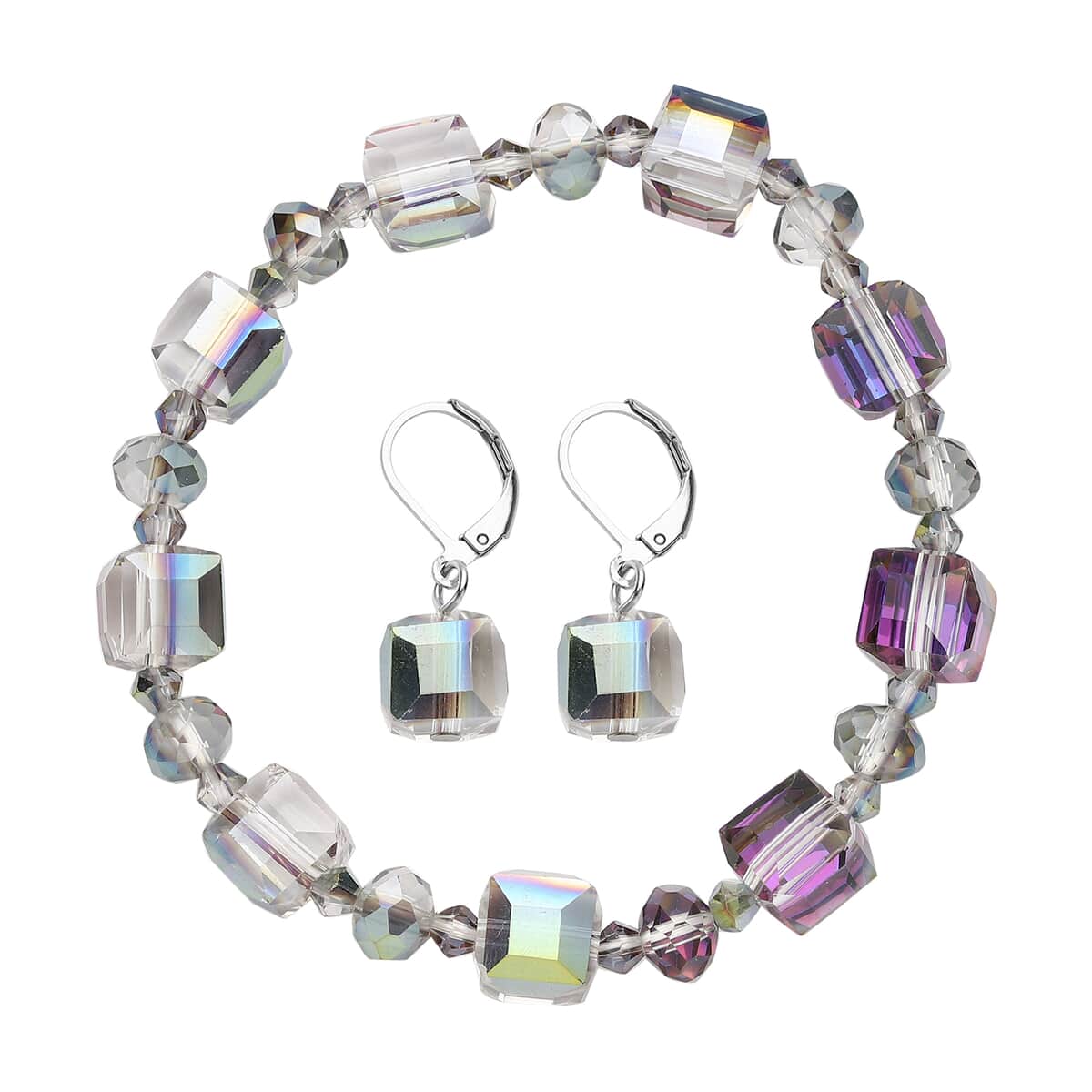 Simulated Mystic Quartz Beaded Bracelet (7-7.5In) and Drop Earrings in Silvertone image number 0