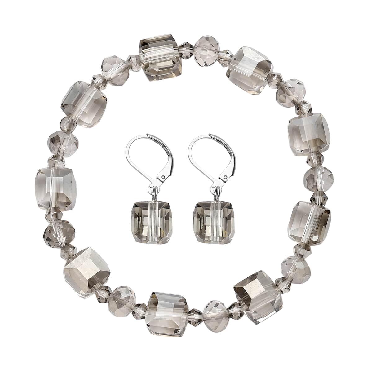 Simulated Gray Quartz Beaded Bracelet (7-7.5In) and Drop Earrings in Silvertone image number 0