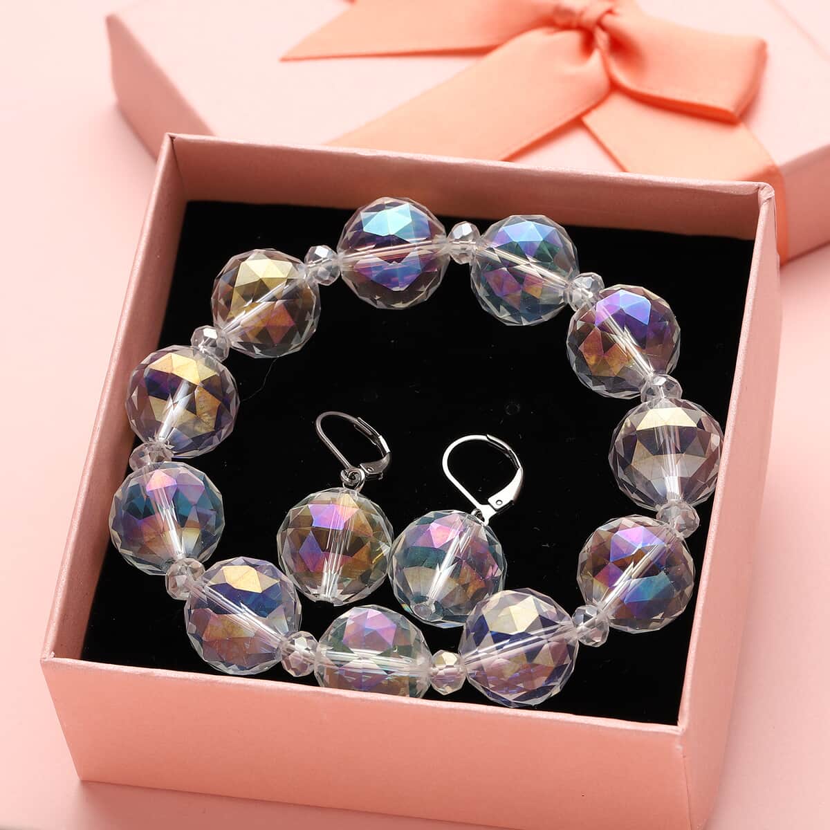 simulated-mystic-quartz-beaded-bracelet-7-7.5in-and-drop-earrings-in-silvertone image number 1
