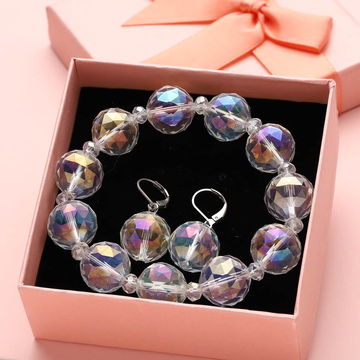 Simulated Mystic Quartz Beaded Bracelet (7-7.5In) and Drop Earrings in Silvertone image number 1