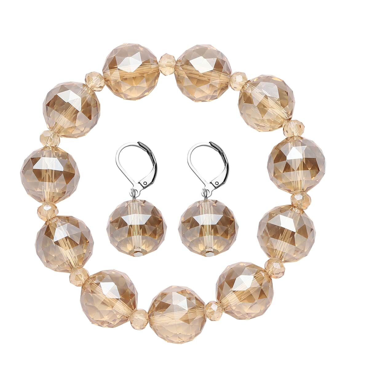 Simulated Champagne Quartz Beaded Bracelet (7-7.5In) and Drop Earrings in Silvertone 289.00 ctw image number 0