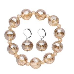 Simulated Champagne Quartz Beaded Bracelet (7-7.5In) and Drop Earrings in Silvertone 289.00 ctw