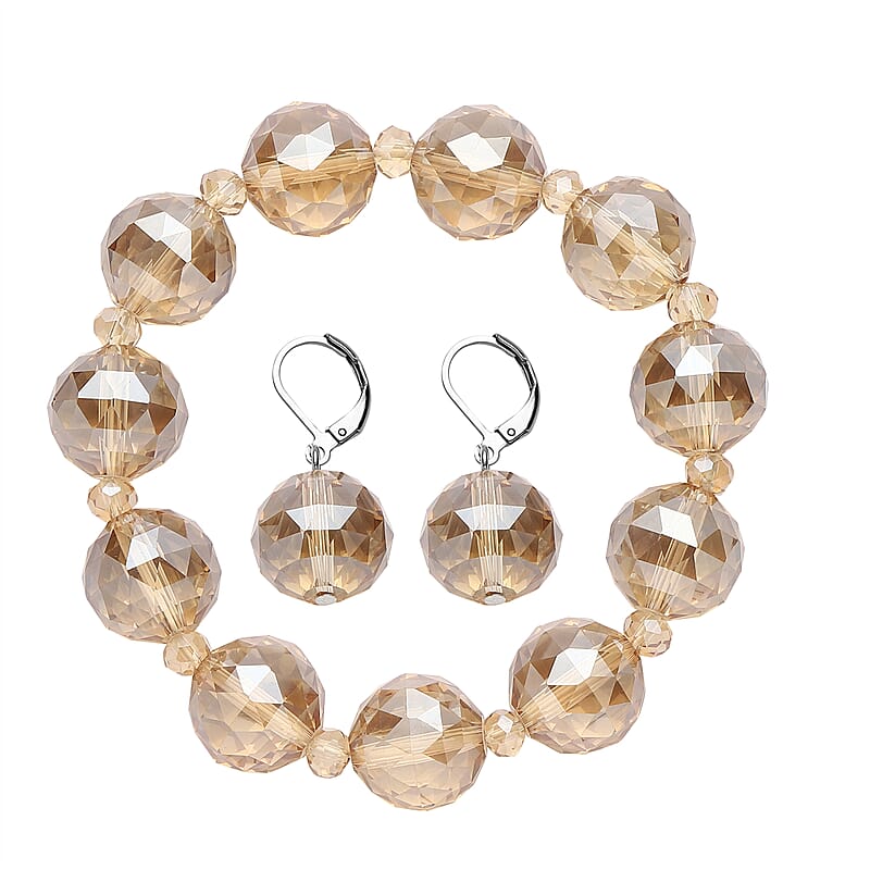 Simulated Champagne Quartz 289.00 ctw Beaded Bracelet (7-7.5In) and Drop Earrings in Silvertone