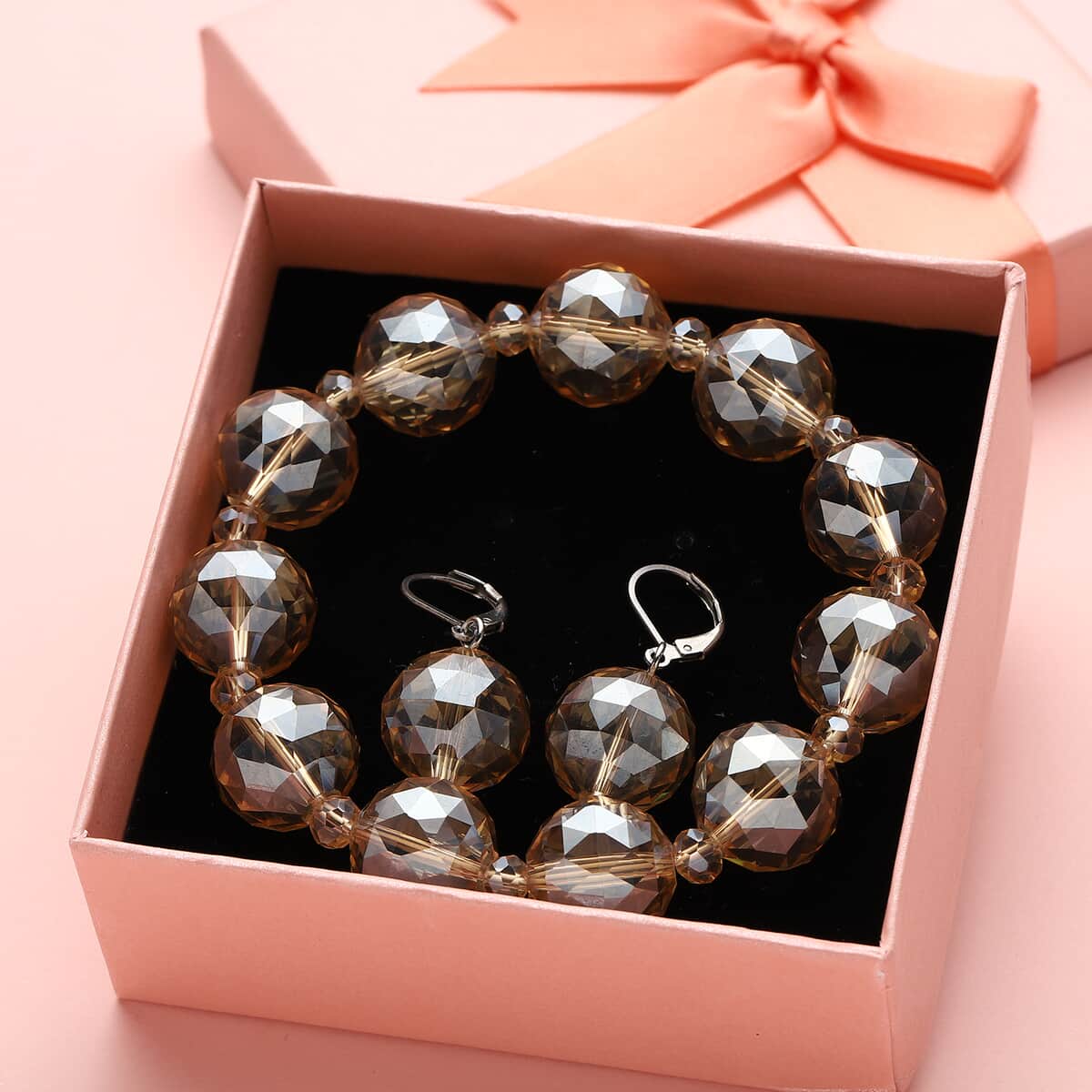 Simulated Champagne Quartz Beaded Bracelet (7-7.5In) and Drop Earrings in Silvertone 289.00 ctw image number 1