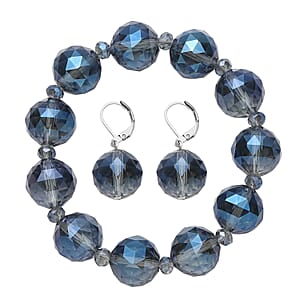Simulated Blue Magic Quartz Beaded Bracelet (7-7.5In) and Drop Earrings in Silvertone