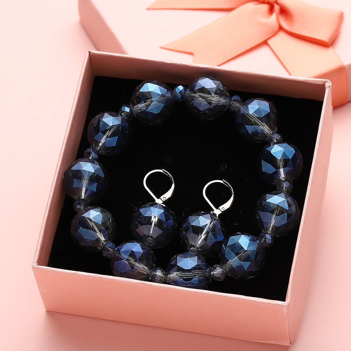 Simulated Blue Magic Quartz Beaded Bracelet (7-7.5In) and Drop Earrings in Silvertone image number 1